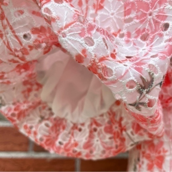 ☀️ NWT Adelyn Rae Collen Floral Eyelet Puff Sleeve Mini Dress in Flamingo - Picture 3 of 16